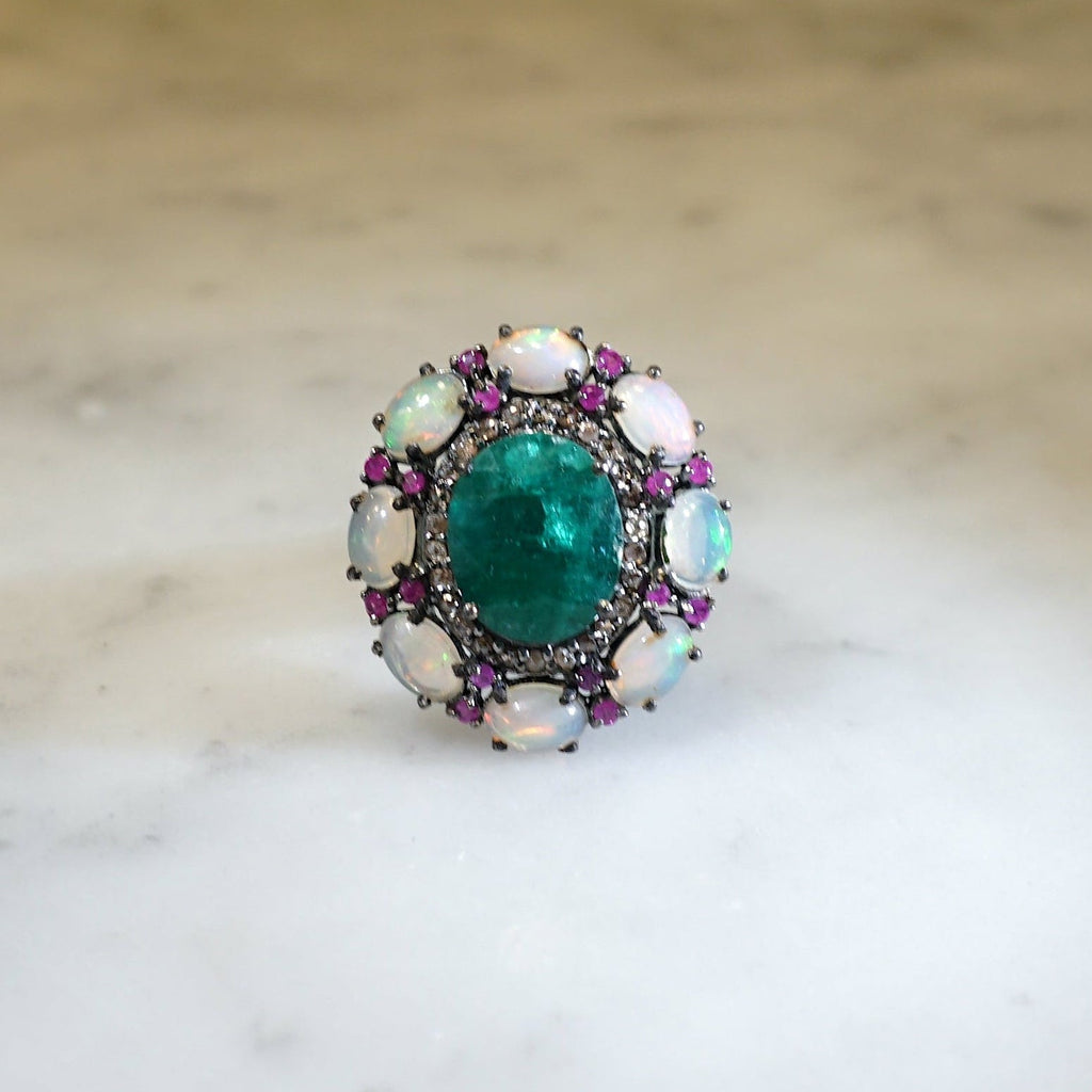 Emerald, Ruby, Opal and Diamond Halo Ring set in Sterling Silver