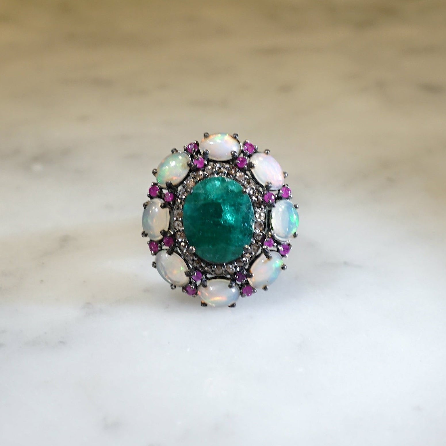 Emerald, Ruby, Opal and Diamond Halo Ring set in Sterling Silver