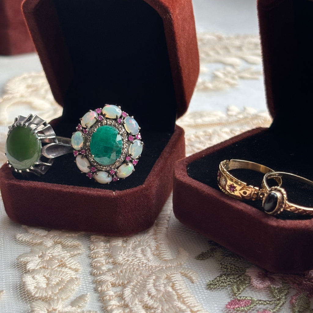 Emerald, Ruby, Opal and Diamond Halo Ring set in Sterling Silver