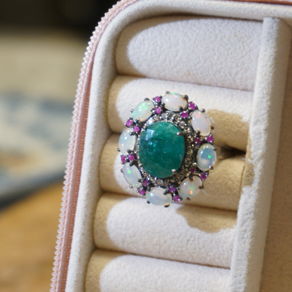 Emerald, Ruby, Opal and Diamond Halo Ring set in Sterling Silver