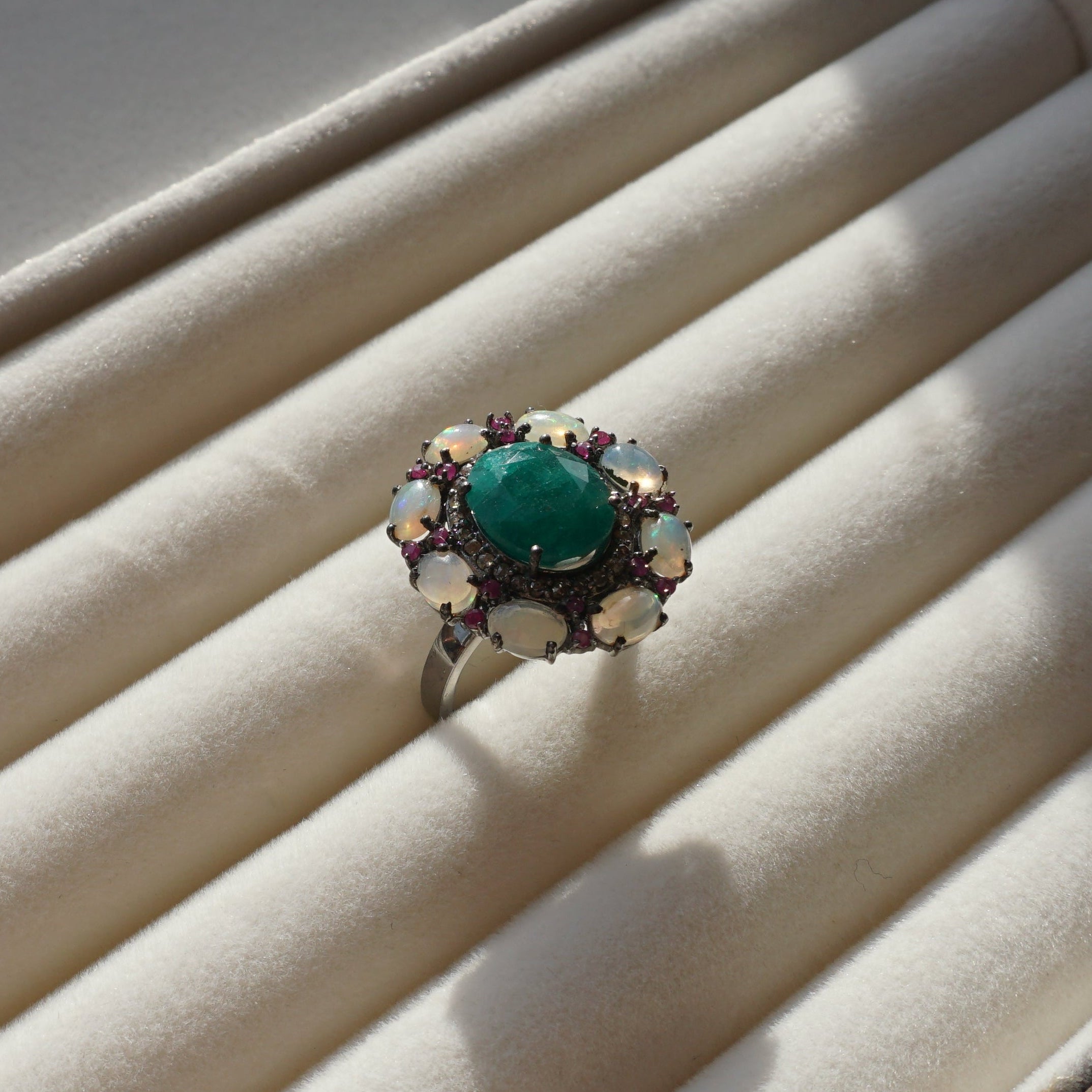 Emerald, Ruby, Opal and Diamond Halo Ring set in Sterling Silver