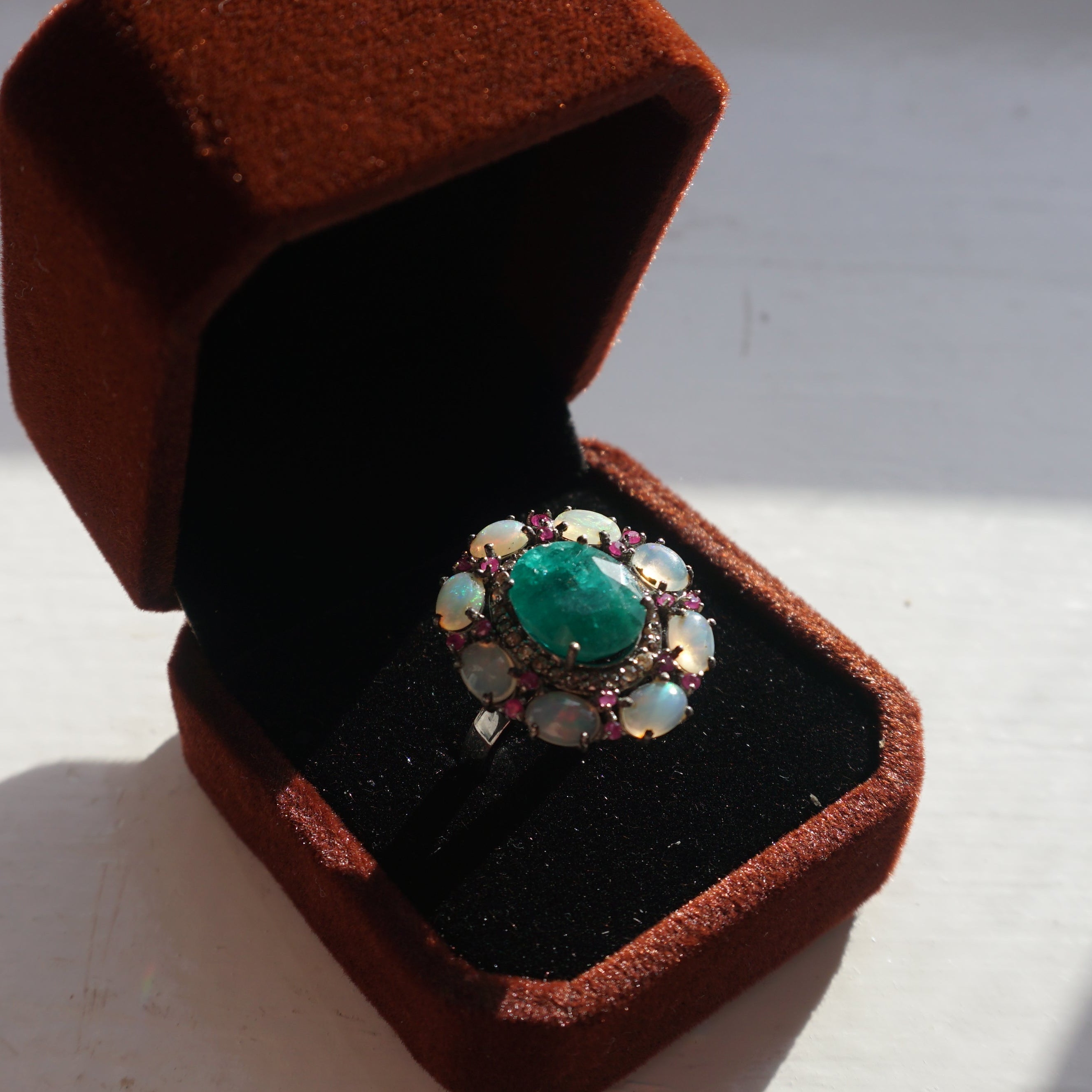 Emerald, Ruby, Opal and Diamond Halo Ring set in Sterling Silver