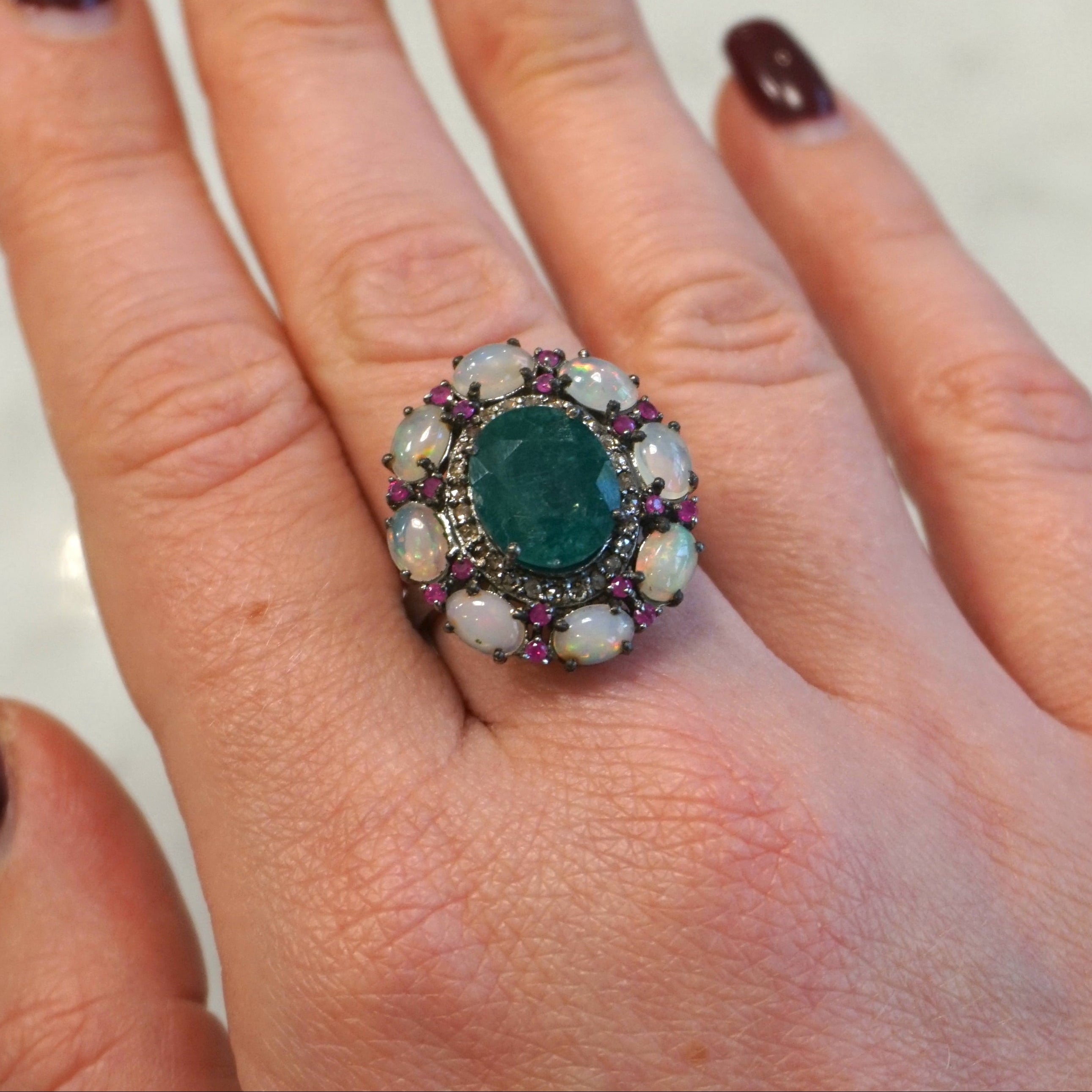 Emerald, Ruby, Opal and Diamond Halo Ring set in Sterling Silver