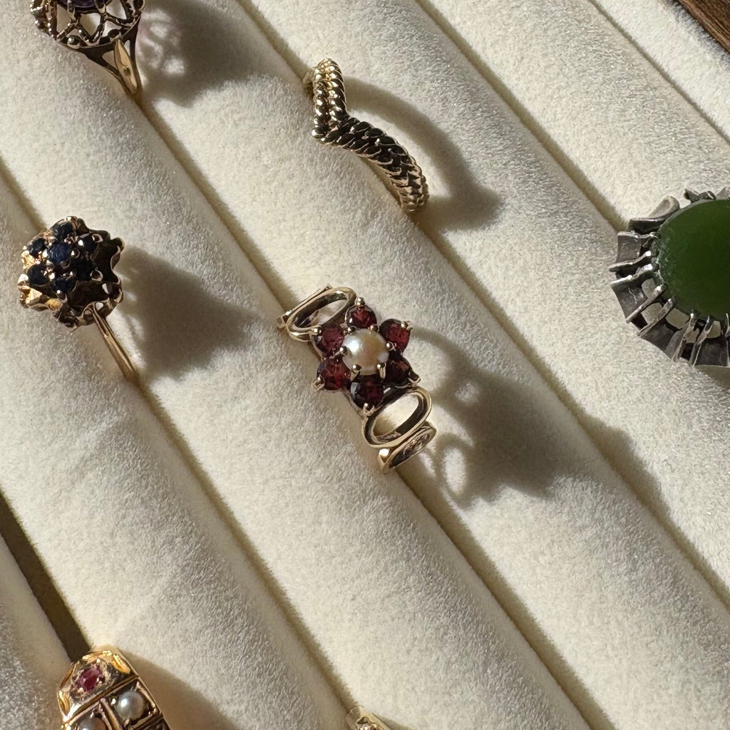 9ct Yellow Gold Garnet and Pearl Flower Ring