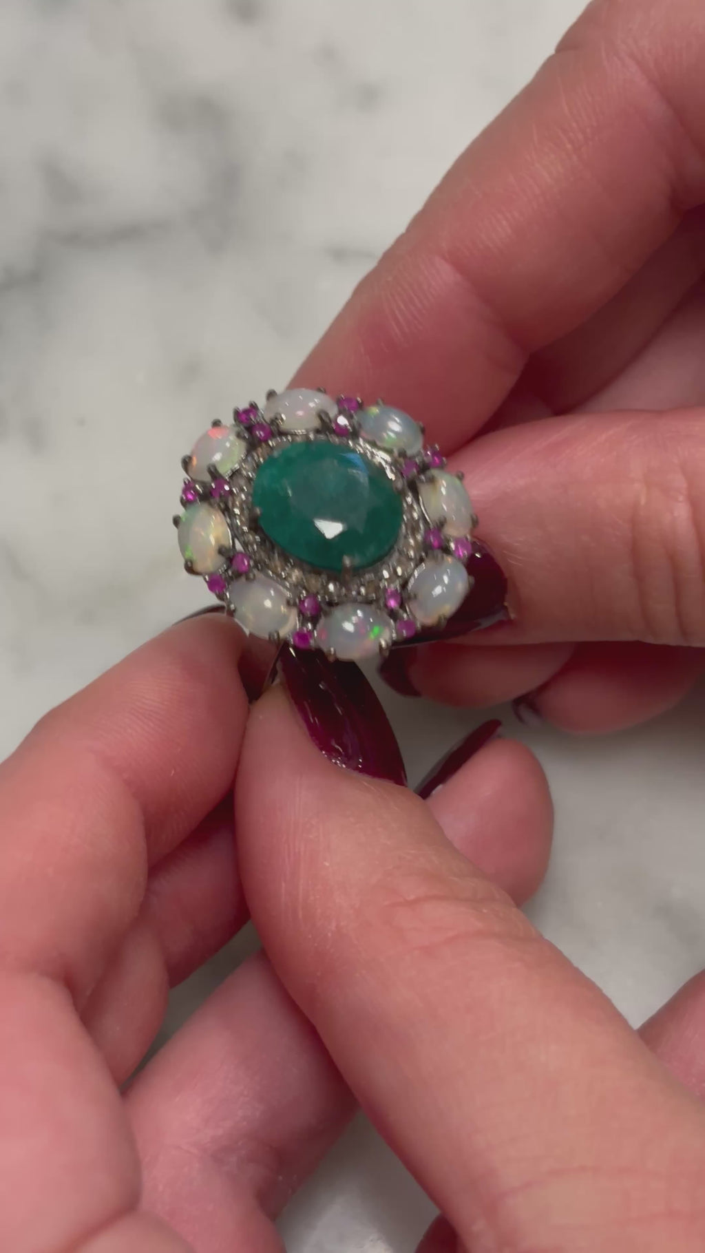 Emerald, Ruby, Opal and Diamond Halo Ring set in Sterling Silver