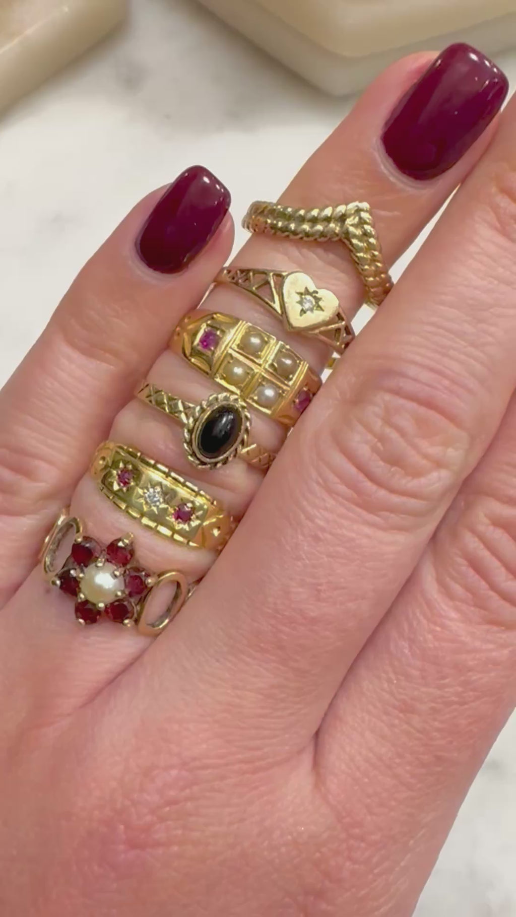 9ct Yellow Gold Garnet and Pearl Flower Ring